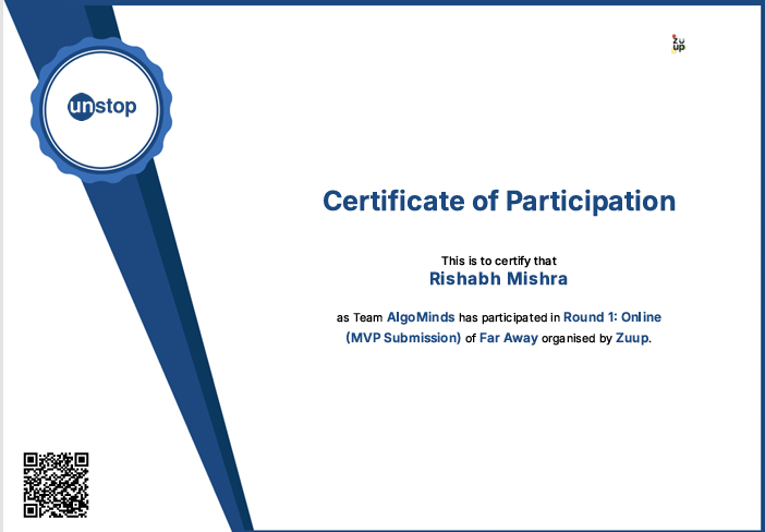 Far Away Hackathon Certificate & Selection Letter